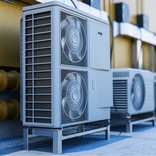 A row of outdoor condenser units on a commercial rooftop