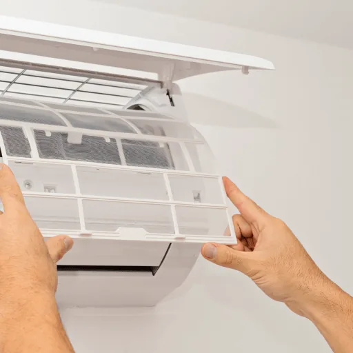 Hands lifting the filter out of a wall-mounted air conditioner