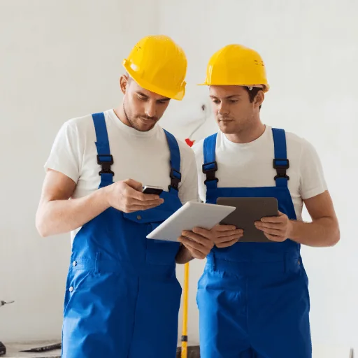 Two technicians planning a job on a tablet