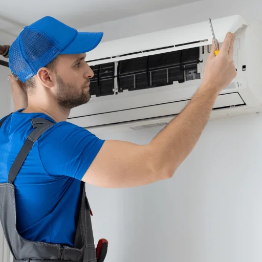 Technician working on the front panel of a split unit