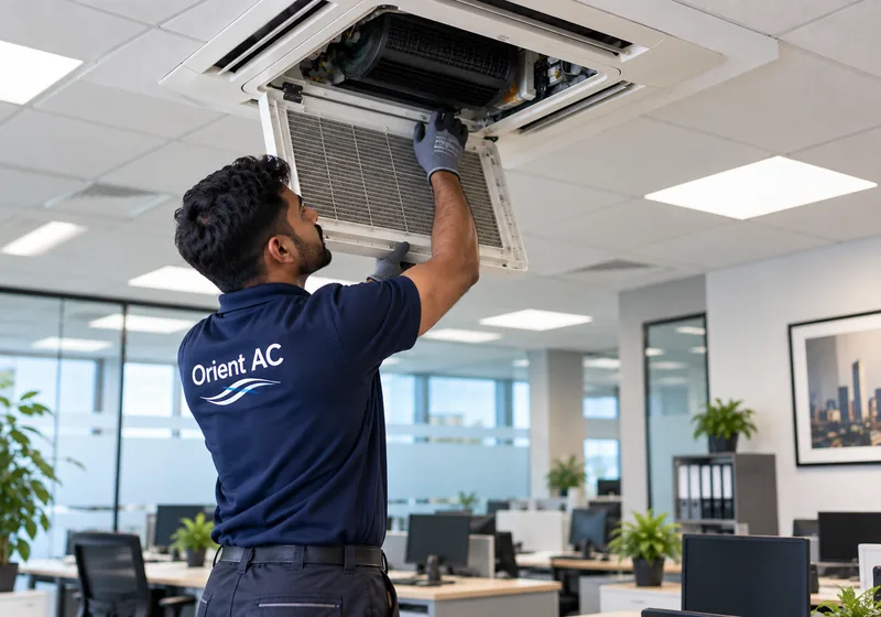 Orient AC technician servicing a ceiling cassette unit in an office